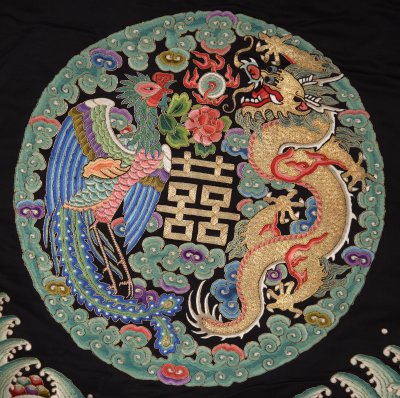 图片[3]-Stone Blue Silk Embroidery Eight regiments Dragon Phoenix Double Happiness Cotton Coat-China Archive